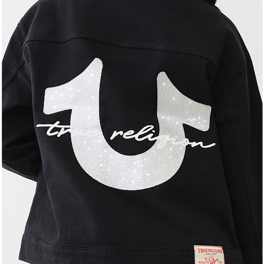True Religion Oversized Glitter Logo Denim Trucker Jacket